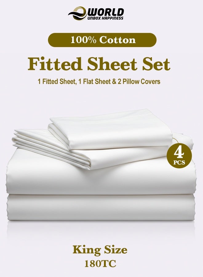Eworld 4-Piece Luxury King Size White Bedding Set – 100% Cotton, 180 TC | Flat Sheet 220x240cm, Fitted Sheet 200x200+30cm & 2 Pillow Cases 50x75cm - Image 1